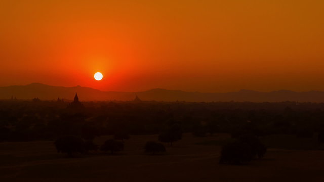 Red sunset over Bagan. Burma