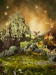 Obrazy na Plexi  Zaczarowana łąka z kamieniami, kwiatami i motylami