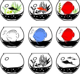 Set of icons with aquarium fishes