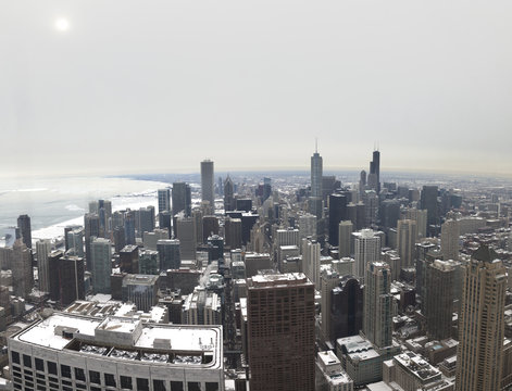 Chicago city lake Michigan shoreline in a winter