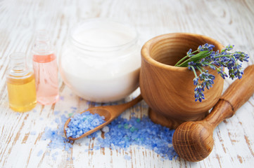 Mortar and pestle with lavender salt