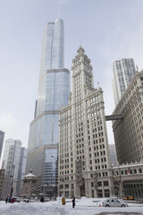 Fototapeta na wymiar Chicago buildings in winter time against blue sky