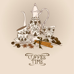 Illustration with vintage coffee service