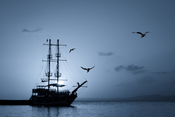 Fototapeta na wymiar Monochrome ship silhouette at sunset