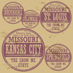 Obraz premium Grunge rubber stamp set with names of Missouri cities