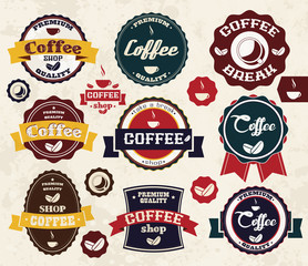Collection of vintage retro coffee stickers and labels