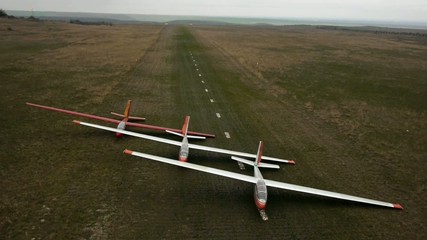Aerial vew. Runway with gliders. Crimea. Mountain Klementeva