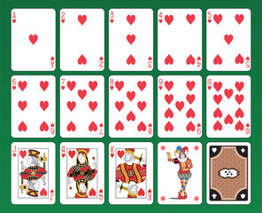 Set of playing cards on green background. Original figures