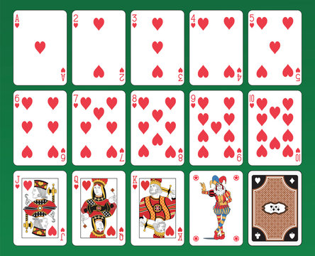 Set of playing cards on green background. Original figures