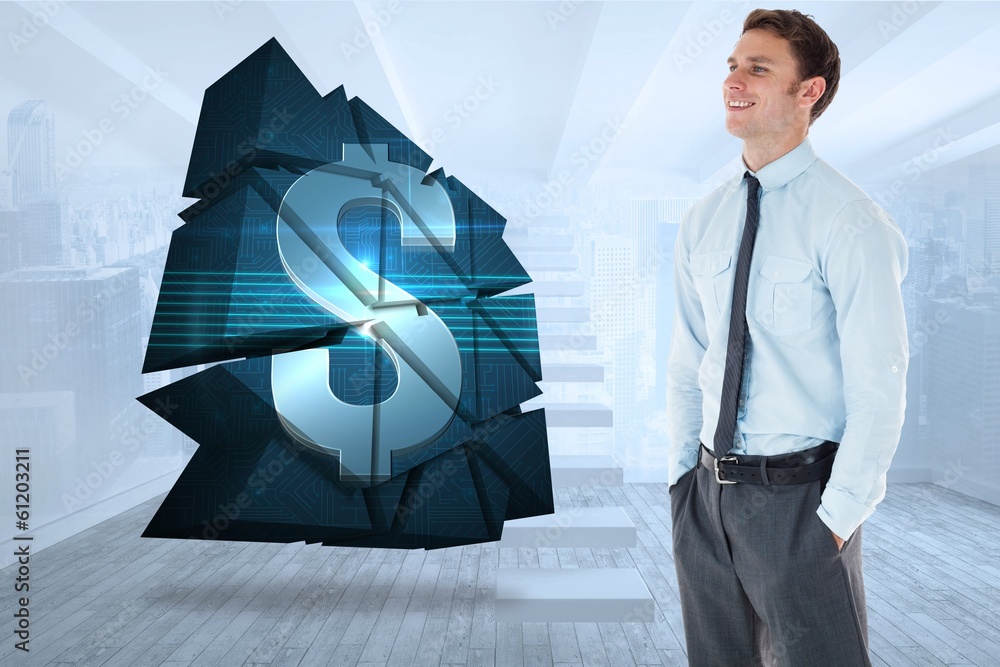 Poster Composite image of smiling businessman standing with hand in