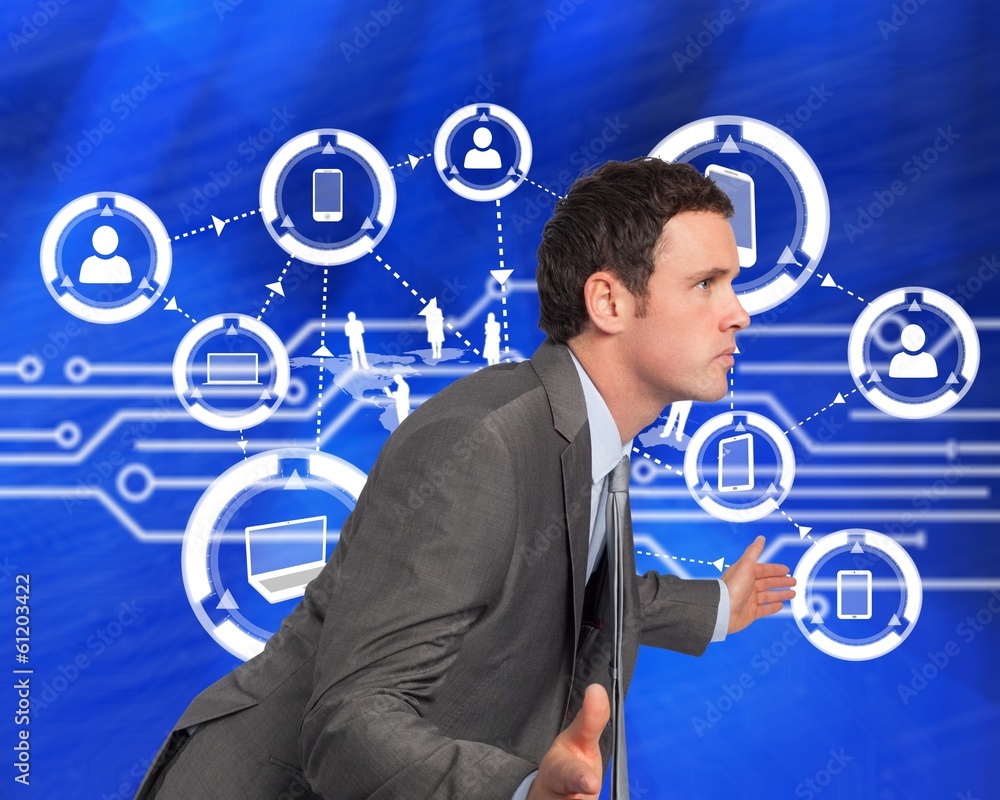 Poster composite image of businessman posing with hands out