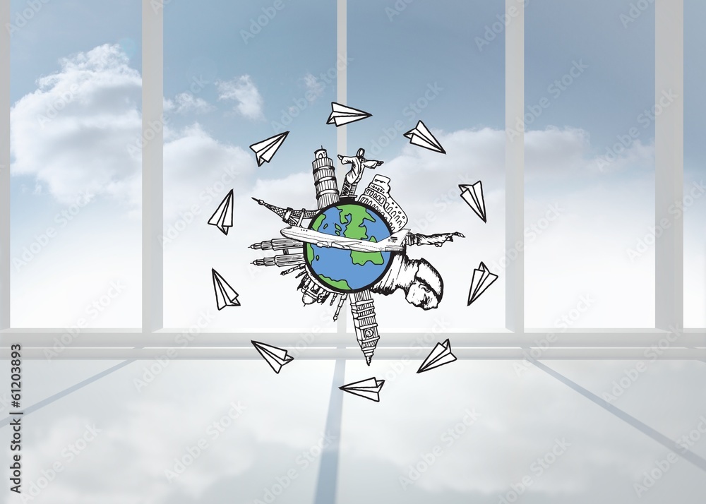Poster composite image of landmarks of the world with airplane doodle