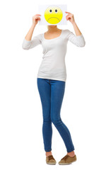 Young girl in jeans with sad poster