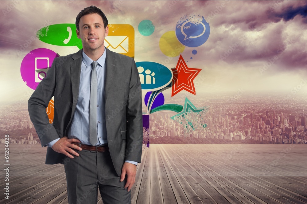 Poster composite image of smiling businessman with hand on hip