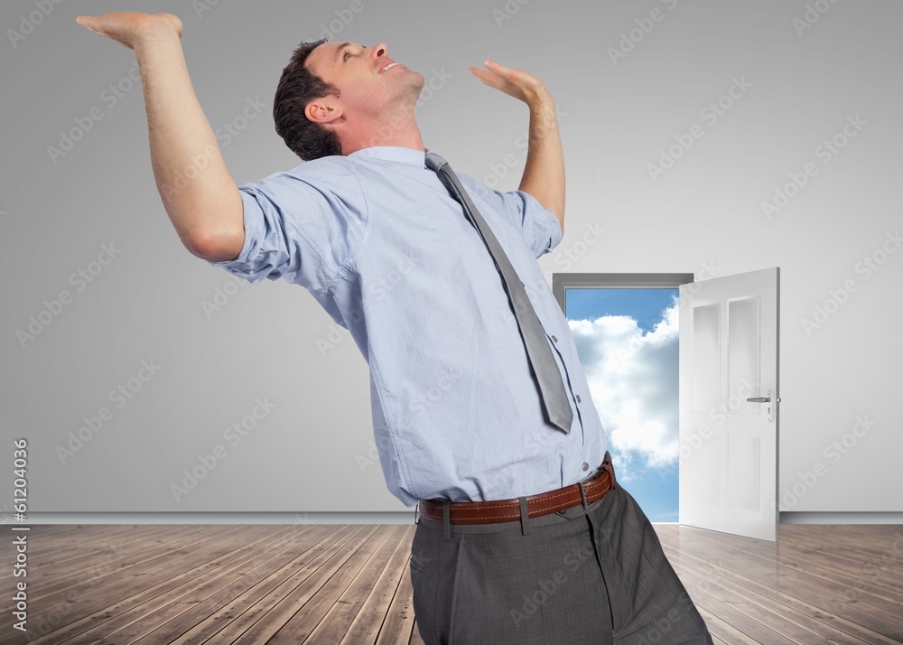 Poster composite image of businessman standing with hands up