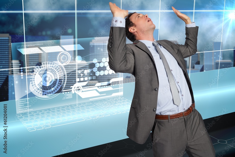 Poster composite image of businessman standing with arms pressing up