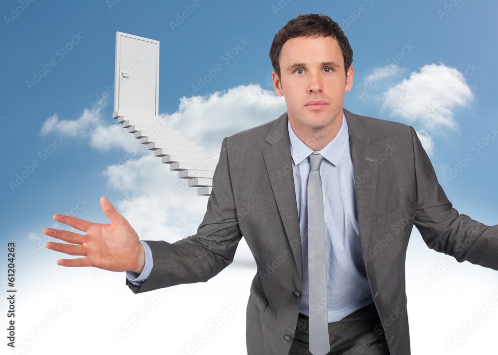 Poster composite image of businessman posing with hands out