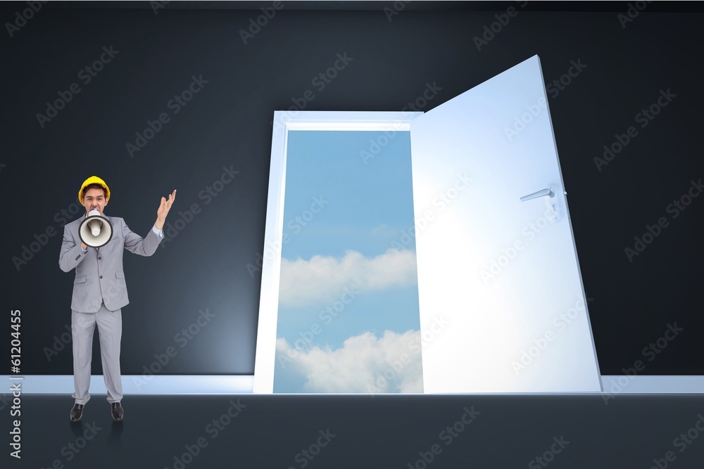 Poster Composite image of architect with hard hat shouting with a