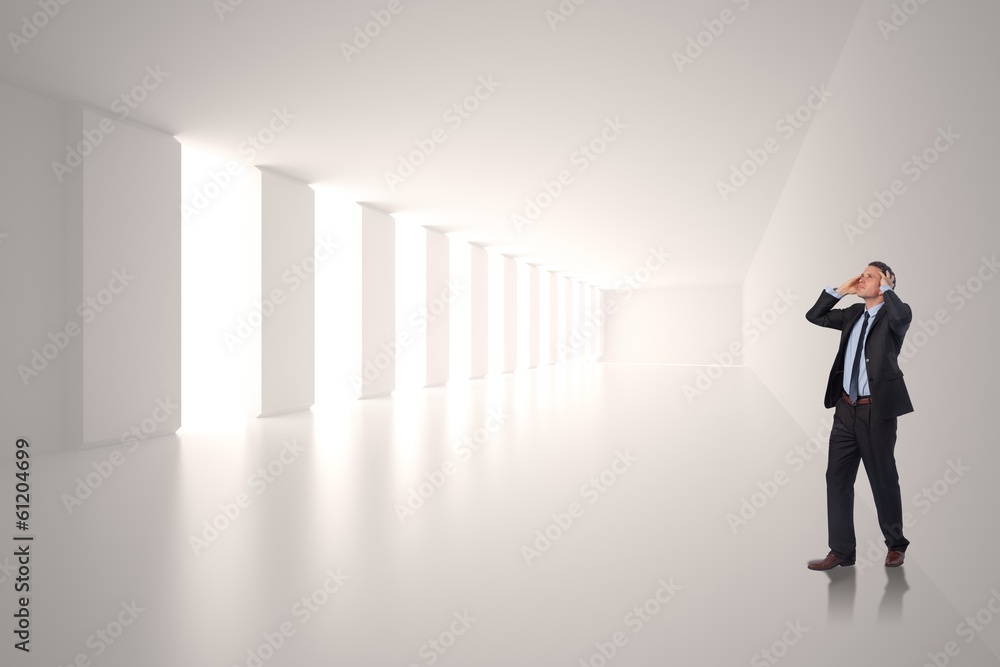 Poster composite image of stressed businessman with hands on head