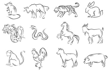 Professional brush painting set of Chinese twelve zodiac signs (