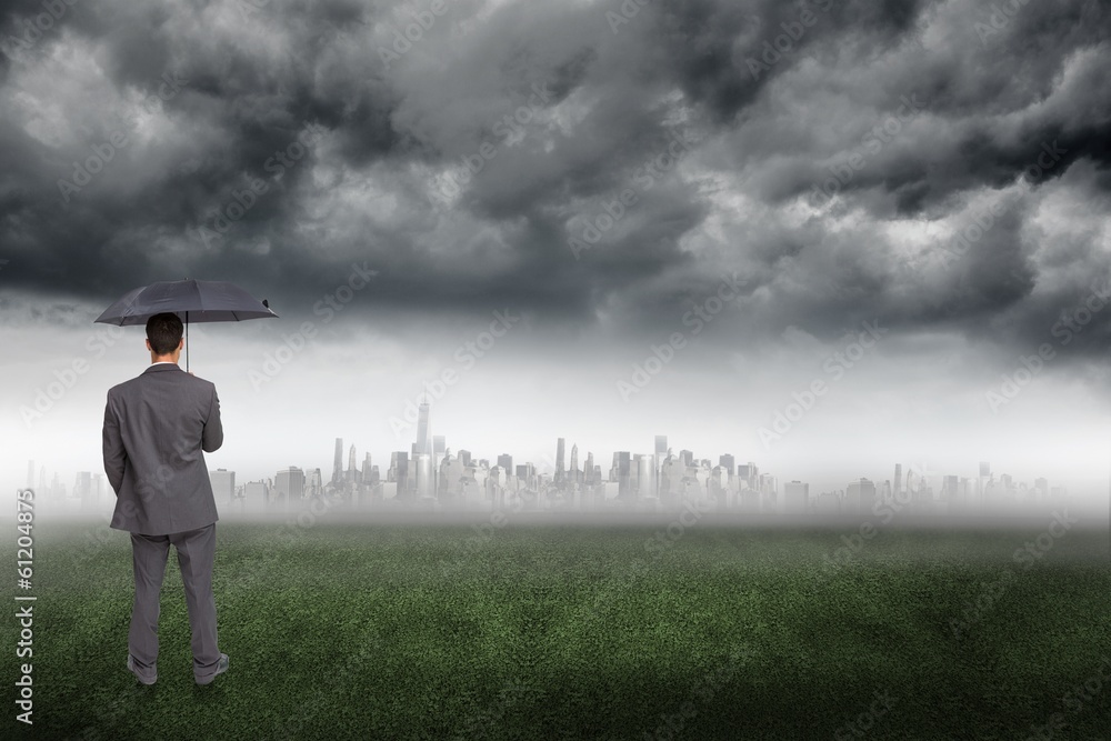 Poster composite image of rear view of classy businessman holding