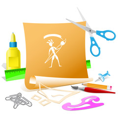 Ethnic little man with brush. Paper template. Raster illustratio