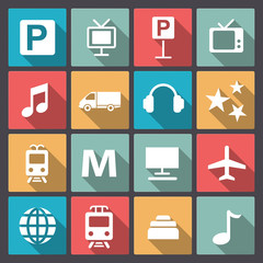 set of sixteen transport and entertainment icons in flat design