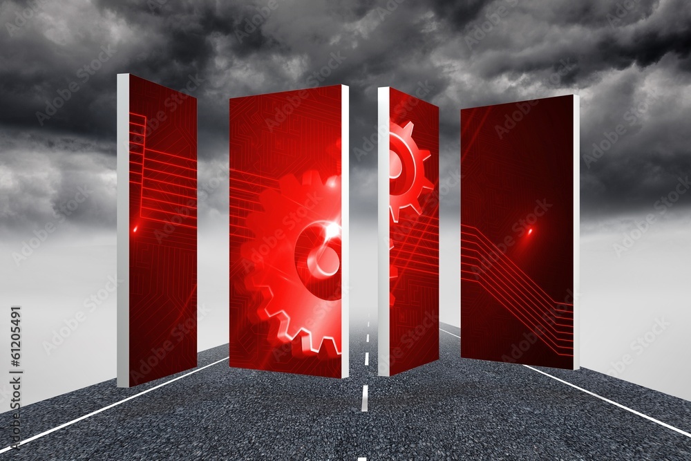 Poster Composite image of cog and wheels on abstract screen