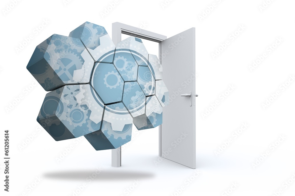 Poster Composite image of cogs and wheels on abstract screen