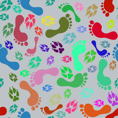 Seamless pattern of colorful human foot prints and dog paws
