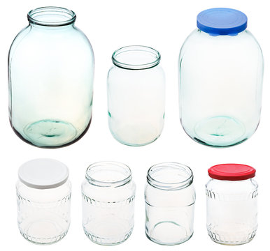 set of different size glass jars isolated
