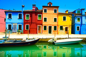Fototapeta premium Venice landmark, Burano island canal, colorful houses and boats,