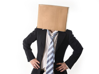 Business man with cardboard box on his head