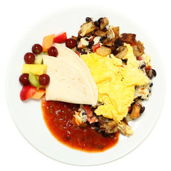 Mexican Eggs with Salsa, Potatoes, Fruit