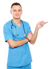 A male doctor pointing something interesting