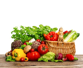 vegetables and herbs. shopping basket. healthy food