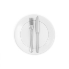 White Plate with Fork and Knife isolated on white background