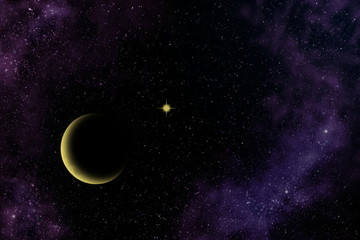 Crescent moon, yellow star and nebula