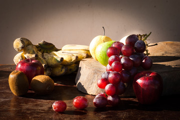still life Fruits with Chinese pear,kiwi,Red apple,grapes and Cu