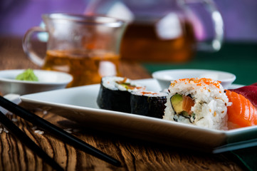 Japanese sushi on the old wooden table
