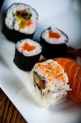 Healthy and tasty Japanese sushi with seafood