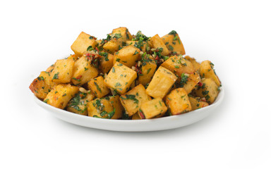 Spicy potato cut in cubes and fried, lebanese cuisine