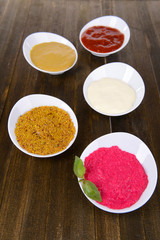 Various sauces on table close-up