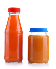 Baby food in glass jars, isolated on white