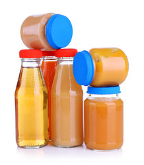 Baby food in glass jars, isolated on white