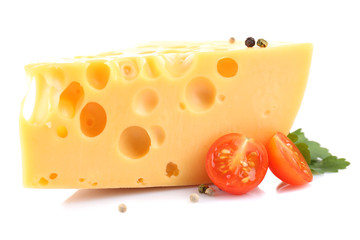 Piece of cheese and tomatoes, isolated on white