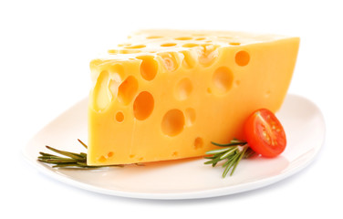 Piece of cheese with tomato and rosemary