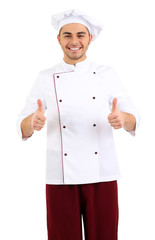 Professional chef in white uniform and hat, isolated on white