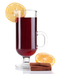 Mulled wine with lemon and spices isolated on white