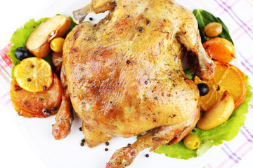 Composition with Whole roasted chicken with vegetables, color